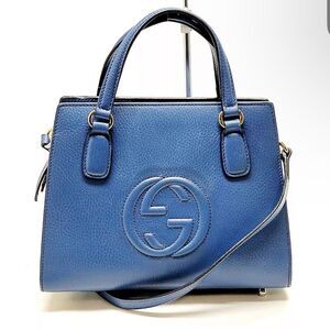 Auth Gucci Blue Leather Convertible 2way Soho Structured Bag Satchel